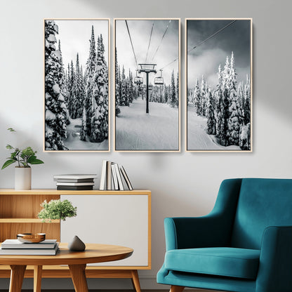 Canvas of a snowy ski lift scene through a forest of tall pine trees, ideal for moody winter or alpine-themed home decor.
