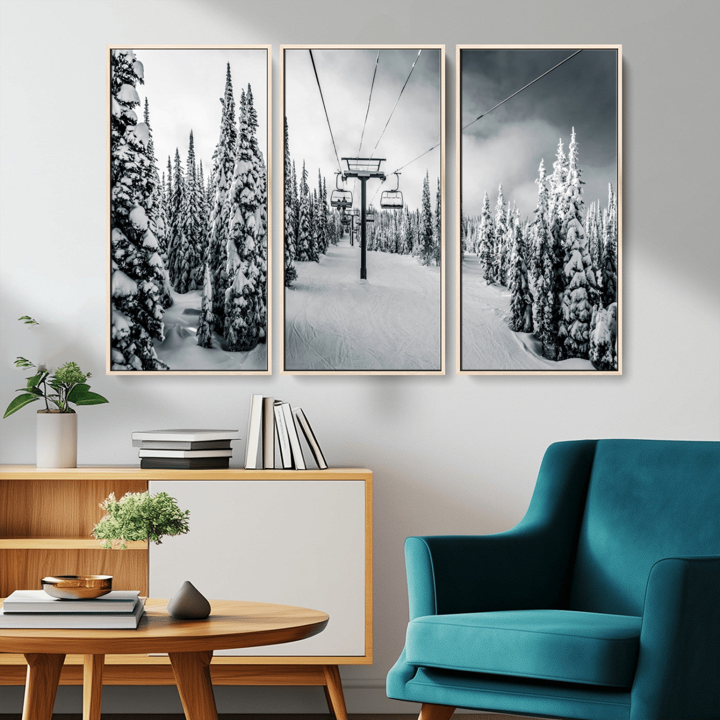 Canvas of a snowy ski lift scene through a forest of tall pine trees, ideal for moody winter or alpine-themed home decor.