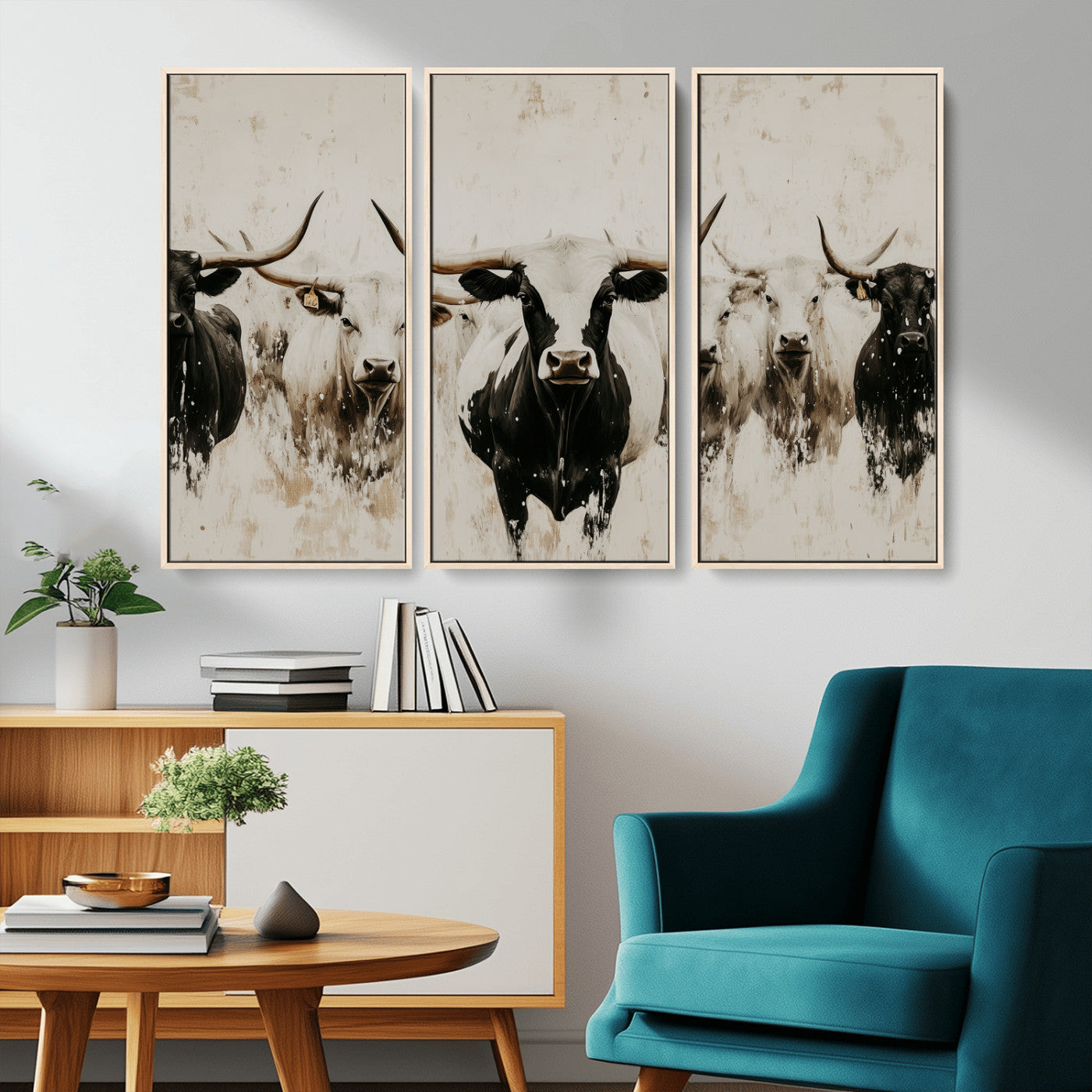 Illustrated herd of longhorn cattle in black and white tones with a neutral textured background, perfect for rustic or farmhouse-style decor.