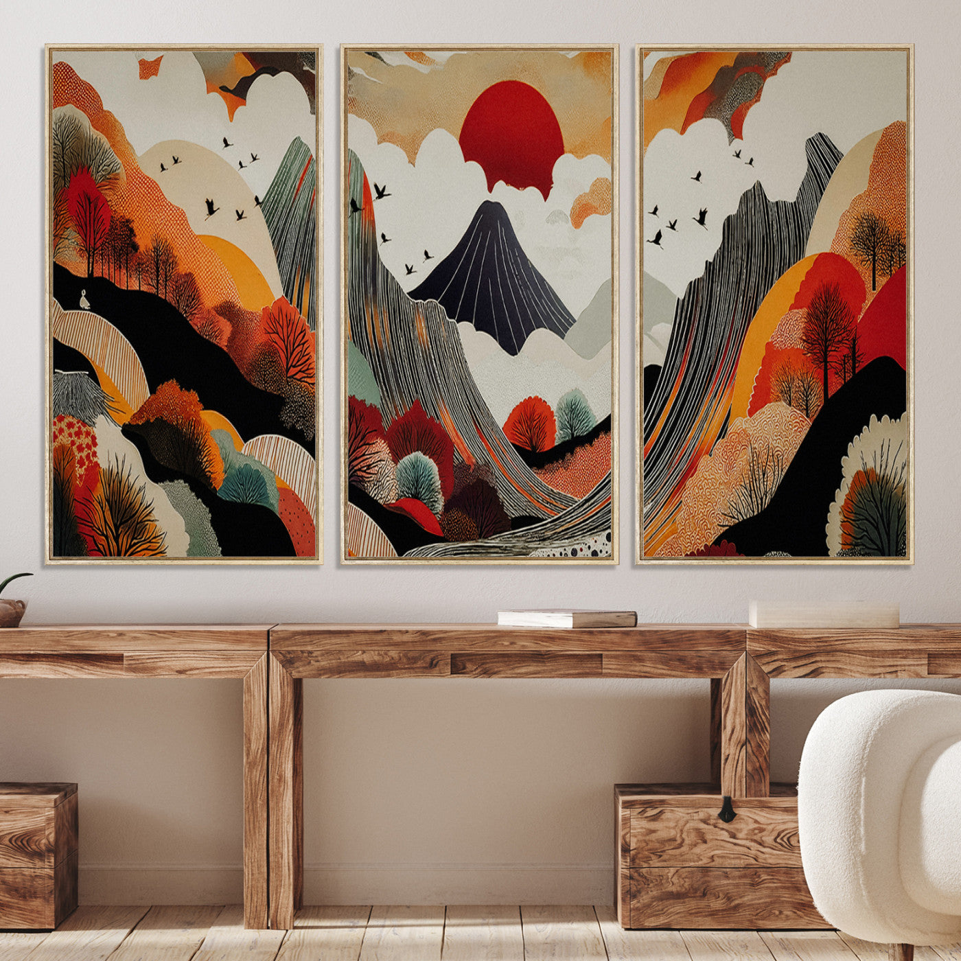 Abstract Mountain Wall Art Canvas Print, Vibrant Landscape Print, Framed Stylized Nature Drawing Art Print, Large Sunset Mountains Printing Perfect for Contemporary Minimalist Decor