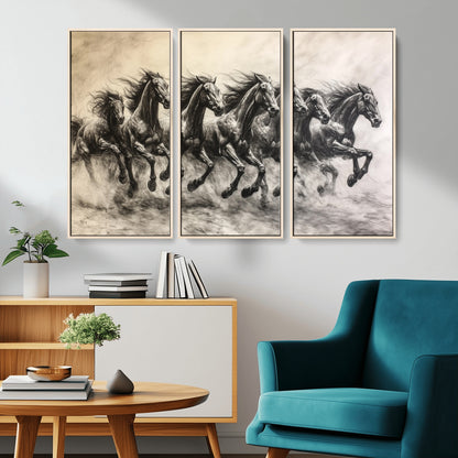 Monochrome drawing of a herd of galloping horses, perfect for dynamic and wild-themed decor in any equestrian or nature-inspired room.
