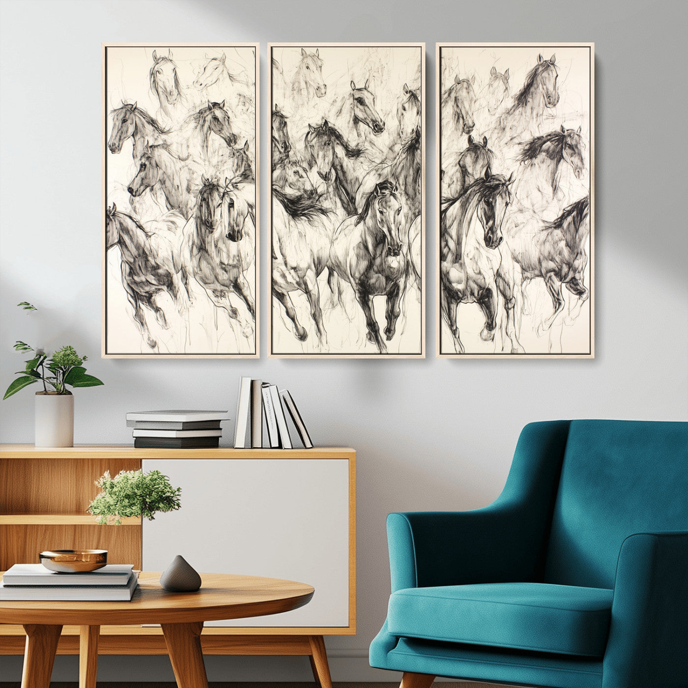 Monochrome ink sketch of galloping horses in dynamic motion, perfect for western or equine-themed wall decor with bold artistic energy.