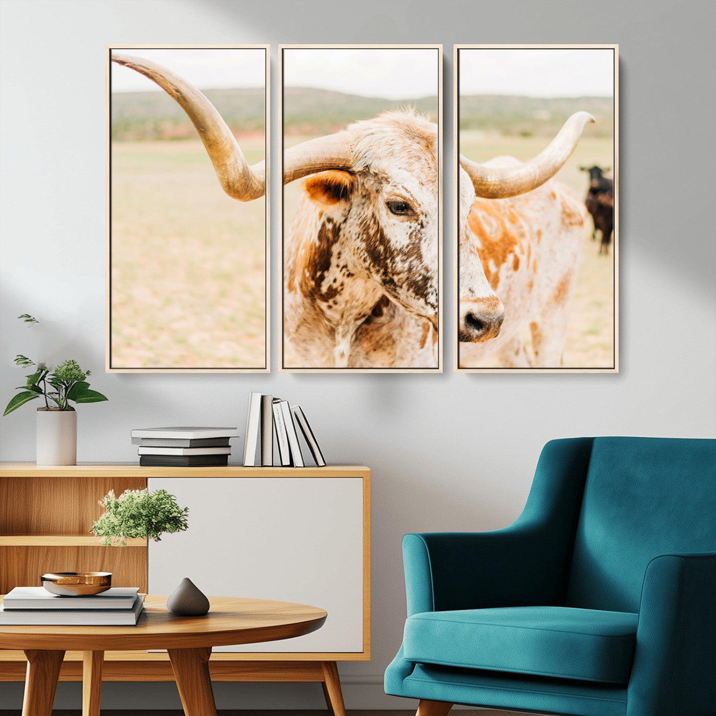 Close-up of a speckled Texas Longhorn in warm prairie tones, perfect for rustic western or countryside-themed room decor.