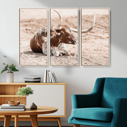 Texas Longhorn bull resting on dusty ground with warm tones, ideal for rustic western or farmhouse-themed wall decor.