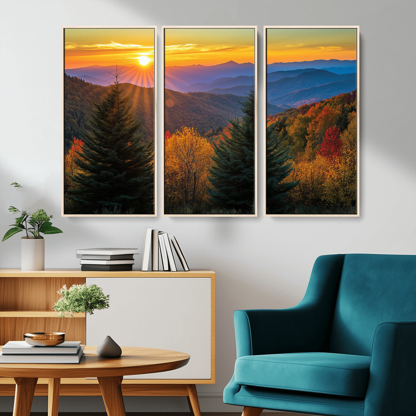 Vibrant sunset over autumn mountains with colorful trees and warm light, ideal for nature lovers or cabin-style wall decor.