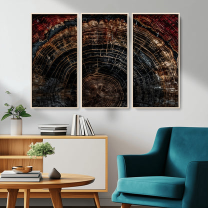 Dark Wood Wall Art Print - Petrified Tree Canvas Print, featuring an intricate tree ring pattern with deep earthy tones and organic textures, perfect for rustic and nature-inspired decor.