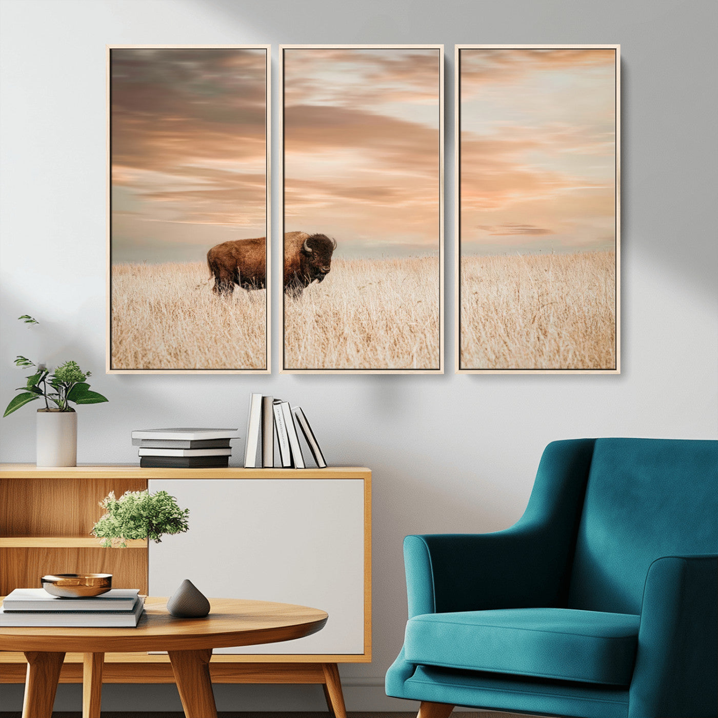 Bison Wall Art Print - Buffalo Canvas Print, featuring a lone bison in a golden prairie under a warm sunset sky, perfect for rustic and farmhouse decor.