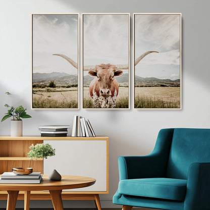 Longhorn Wall Art Print - Western Cow Canvas Print, featuring a majestic Texas longhorn in a rustic prairie setting, perfect for farmhouse and western decor.