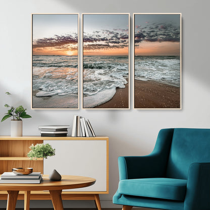 Ocean Sunset Wall Art Print - Beach Waves Canvas Print, featuring a serene seascape with golden sunlight reflecting on gentle waves, perfect for coastal and minimalist decor.