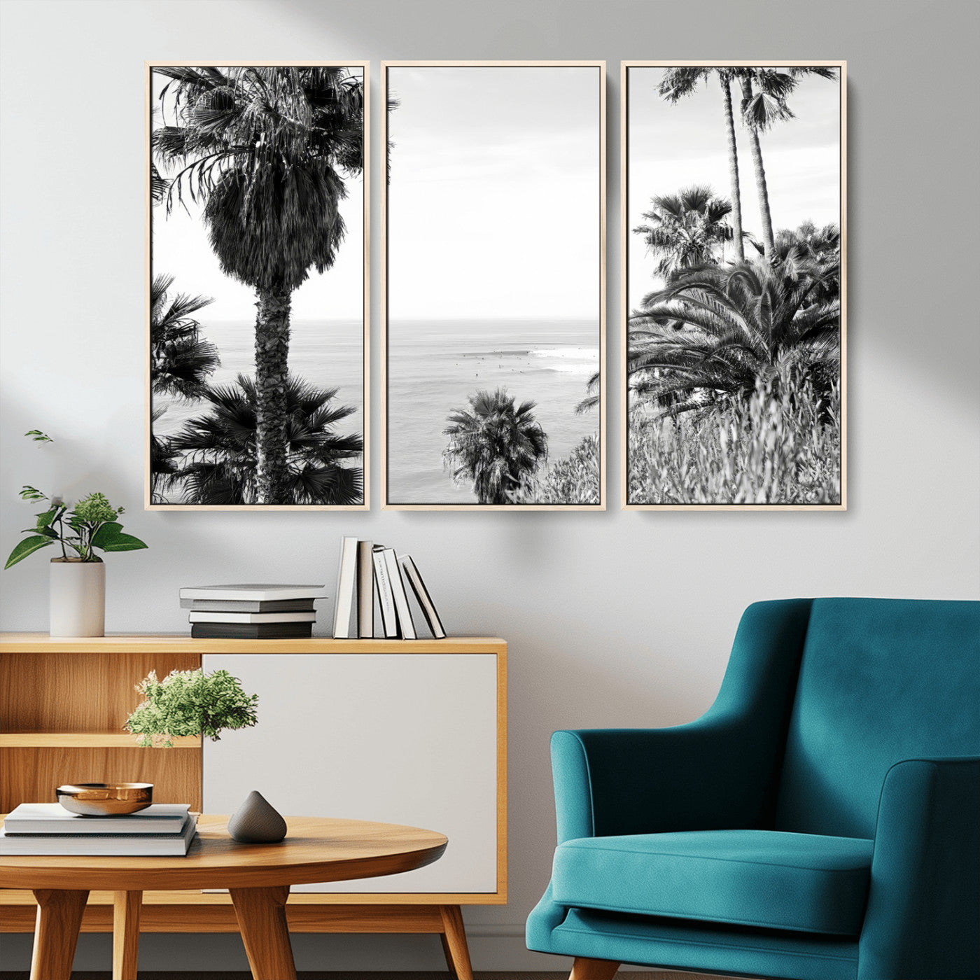 Monochrome canvas of palm trees framing a coastal surf scene, perfect for California-inspired or retro black-and-white beach decor.