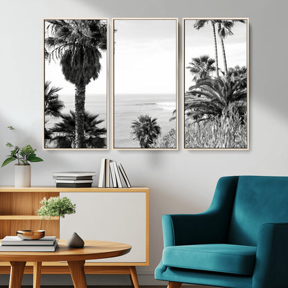 Monochrome canvas of palm trees framing a coastal surf scene, perfect for California-inspired or retro black-and-white beach decor.