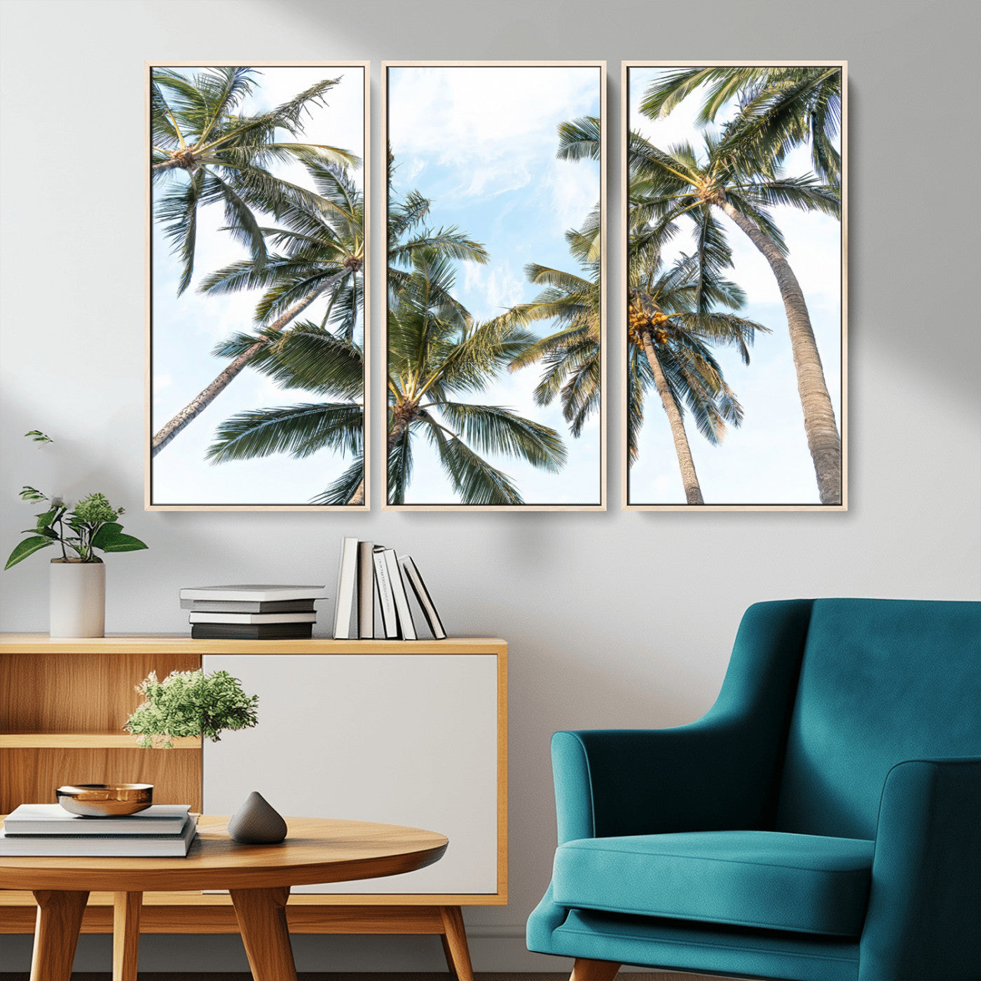 Framed canvas of tall palm trees reaching into a tropical sky, ideal for beach home or relaxed island-inspired wall decor.
