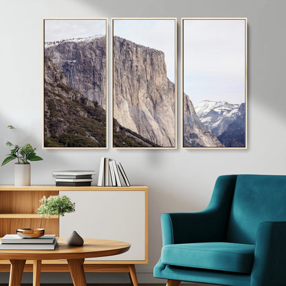 Framed canvas of El Capitan’s vertical granite face in Yosemite with snowy peaks, ideal for Sierra minimalism or mountain-inspired decor.