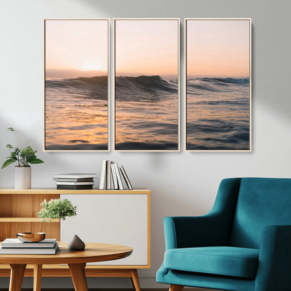 Framed canvas of ocean waves glowing in sunset light, ideal for golden hour calm or peaceful coastal-inspired wall decor.