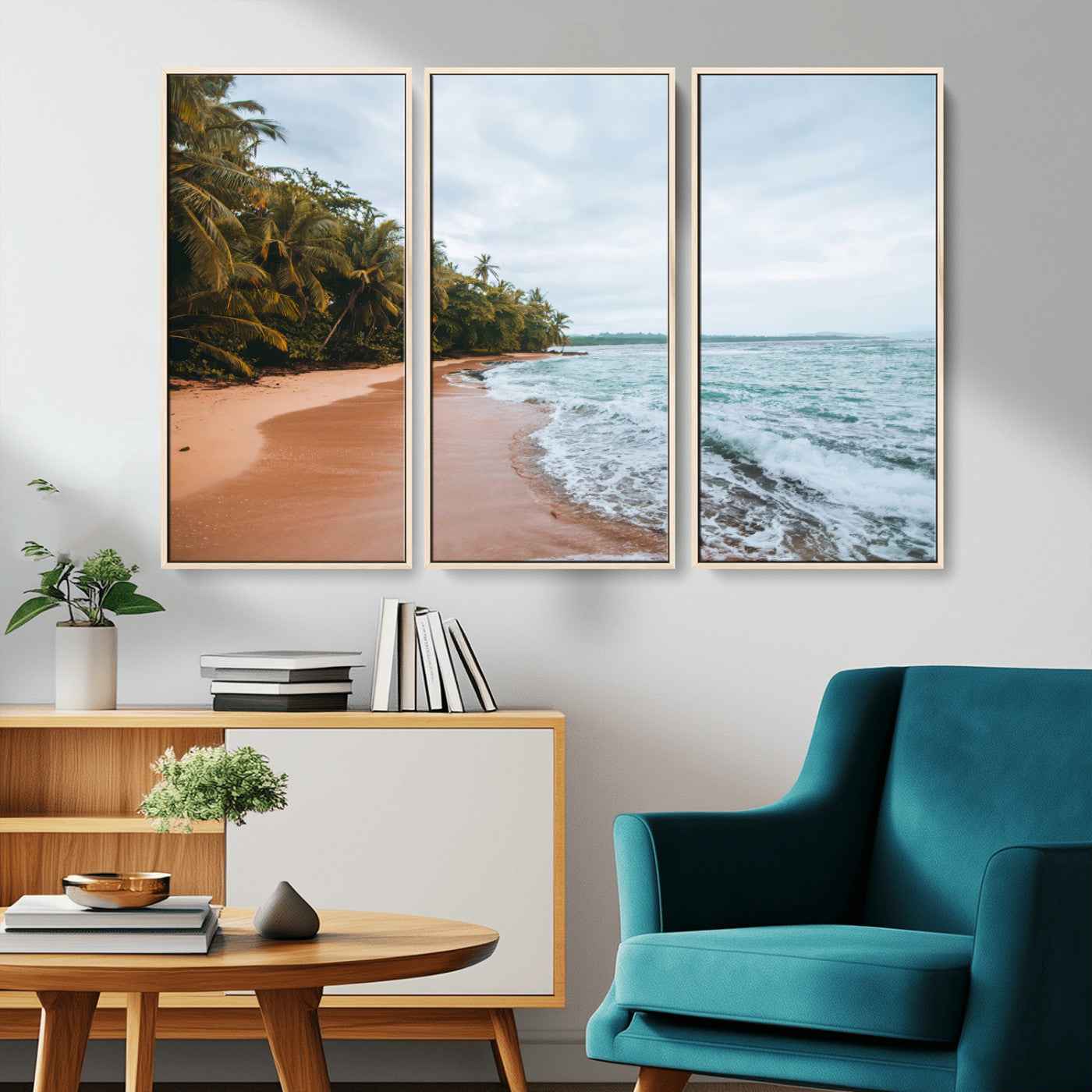 Framed canvas of a tropical beach with palm trees and soft waves, ideal for coastal escape or serene nature-inspired home decor.