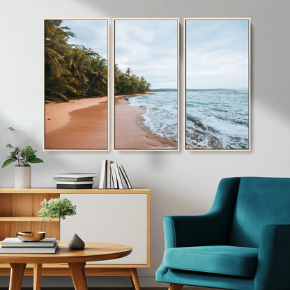 Framed canvas of a tropical beach with palm trees and soft waves, ideal for coastal escape or serene nature-inspired home decor.