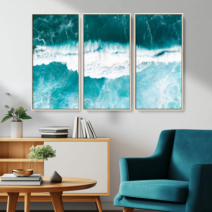 Aerial view of turquoise ocean waves crashing with white foam, perfect for tropical coastal or modern beach-style home decor.