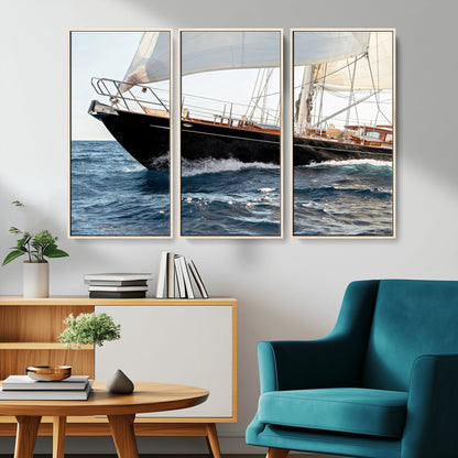 Close-up of a classic sailing yacht with wooden deck and full sails, perfect for nautical or coastal-style decor in ocean-themed spaces.