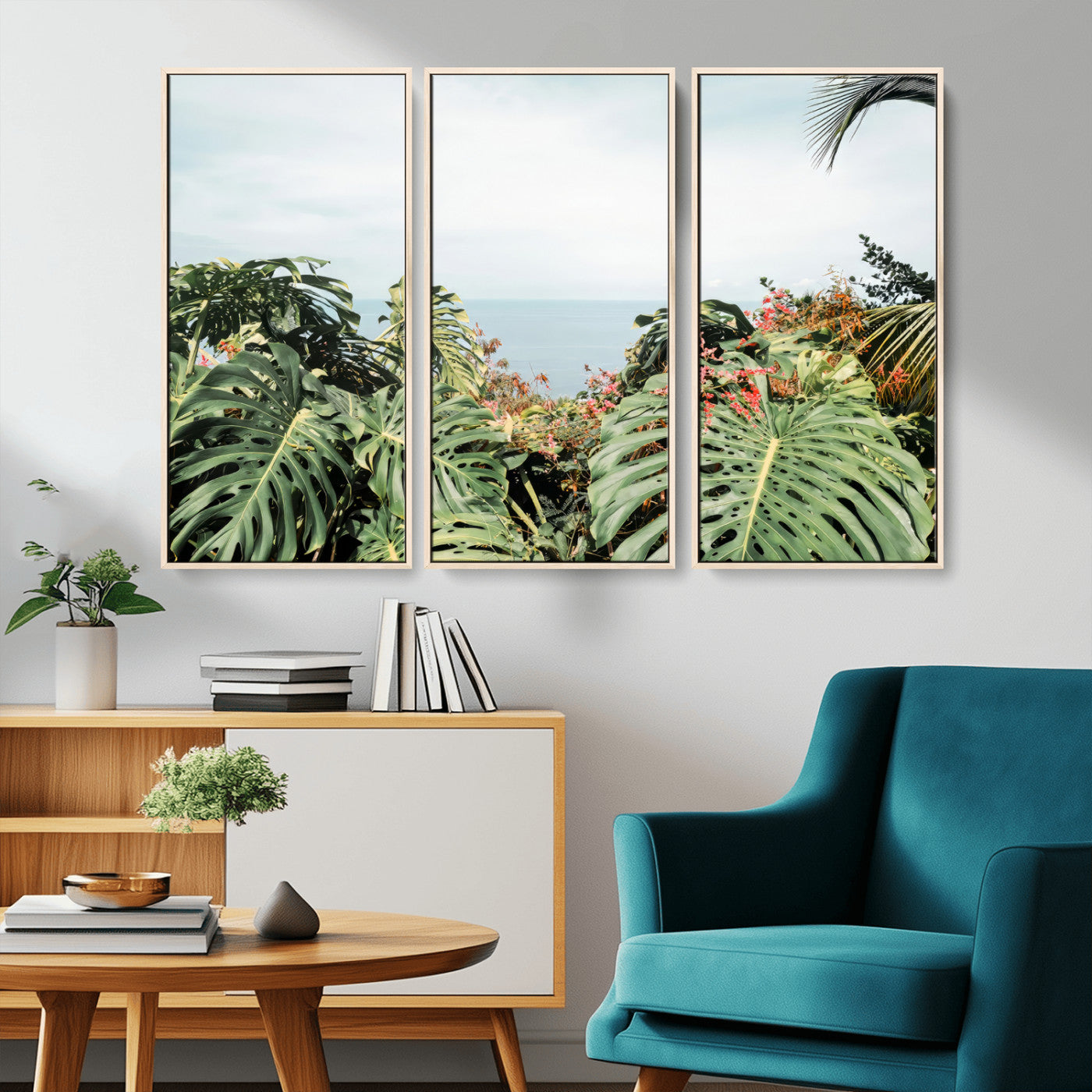 Monstera leaves and tropical flowers framing a calm ocean view, ideal for tropical coastal or exotic jungle-style interior wall decor.