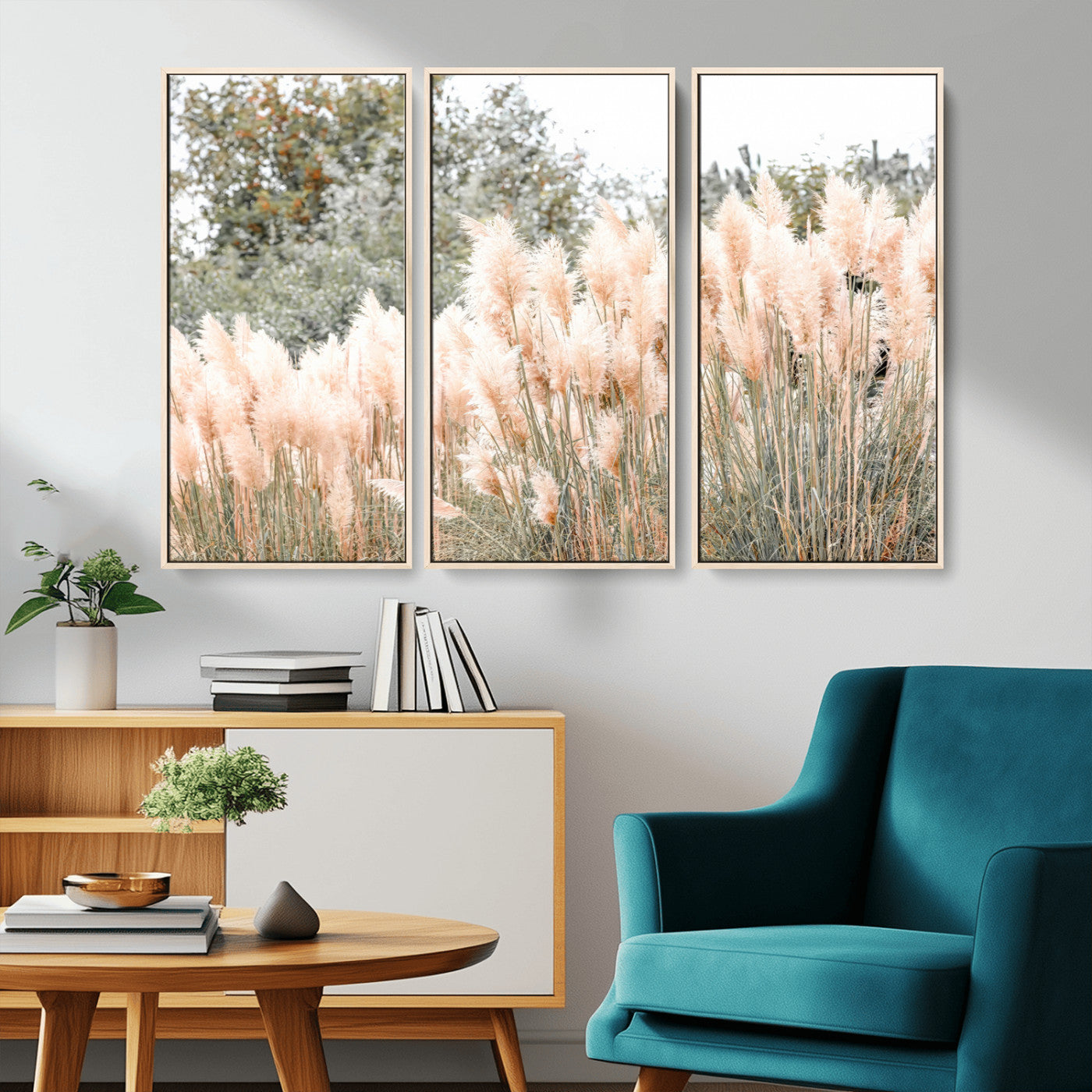 Soft pastel pampas grasses in a natural setting, ideal for neutral boho or rustic botanical-style interior wall decoration.