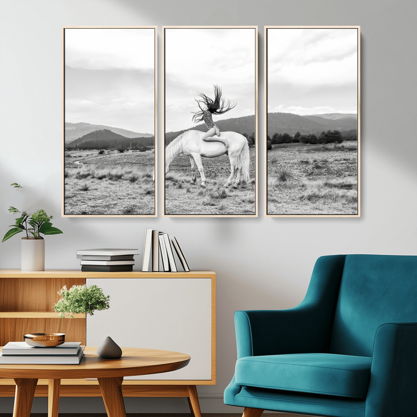 Black and white photo of a woman on a white horse in moody tones, ideal for Western Boho or modern rustic-style home decor.