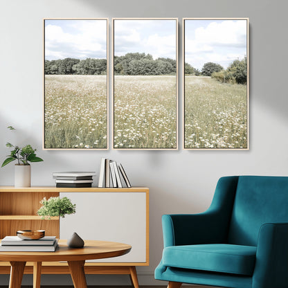Soft-toned image of a wild daisy field under a cloudy sky, ideal for neutral or Scandinavian-inspired home decor.