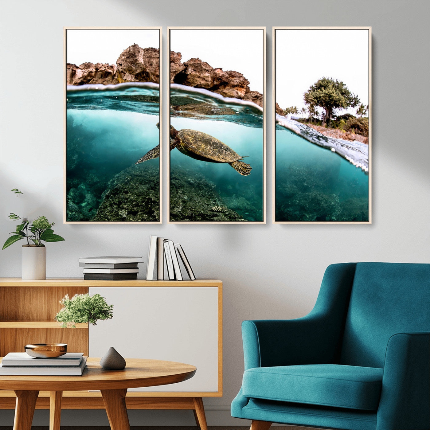 Dynamic split-view photo of a sea turtle swimming near rocky shores, perfect for vibrant coastal or tropical beach home decor.