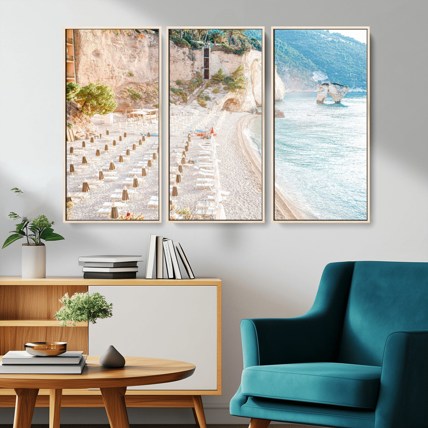 Wall art of a calm Mediterranean beach with rows of sun loungers and umbrellas in soft pastel tones, perfect for light coastal or vacation-themed decor.