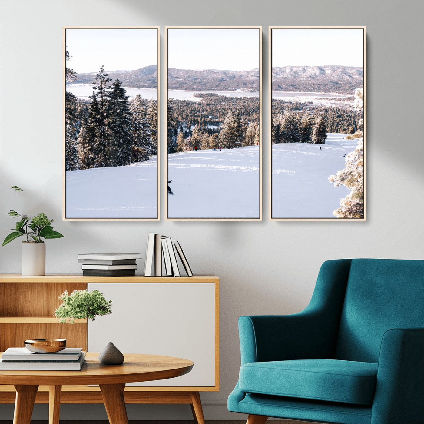 Canvas of a snowy mountain ski slope with pine trees and bright winter light, ideal for modern rustic or alpine-inspired home decor.