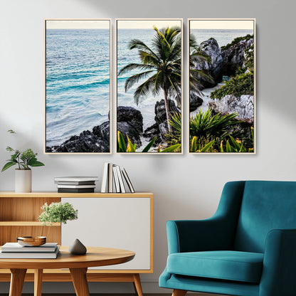 Framed canvas of a vibrant tropical coastline with palm trees, rocky cliffs, and turquoise waters, ideal for tropical coastal home decor.