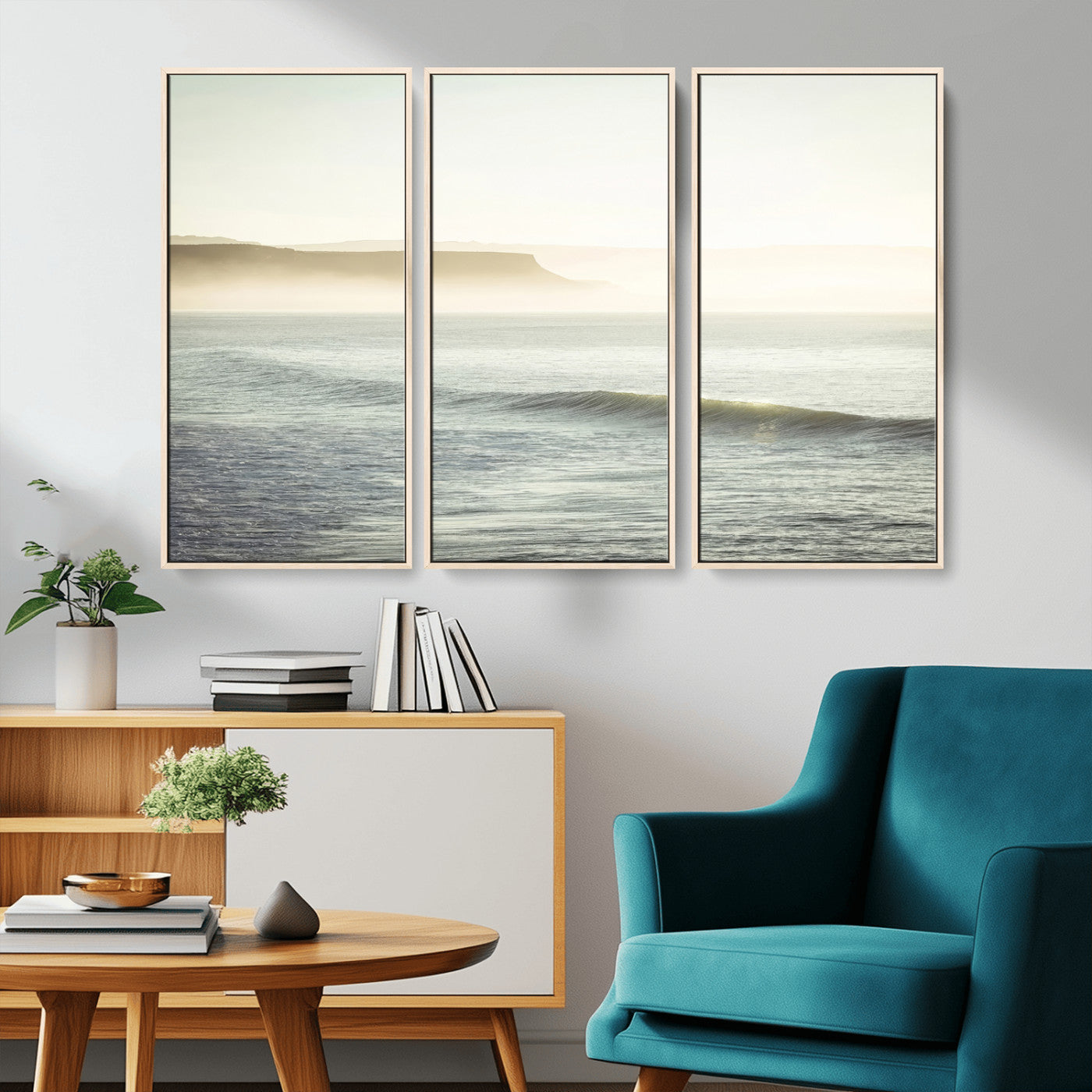 Canvas of a misty ocean scene with coastal cliffs and soft neutral tones, ideal for Scandinavian coastal or minimalist nature-inspired home decor.