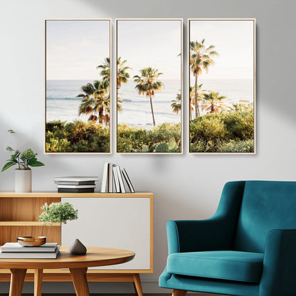 Framed print of sunlit palm trees on the California coast with warm tones, perfect for coastal minimalist or beach-style home decor.