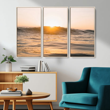 Ocean waves glowing under a warm golden sunset, reflecting soft light and calm movement, perfect for warm minimalist coastal interiors.