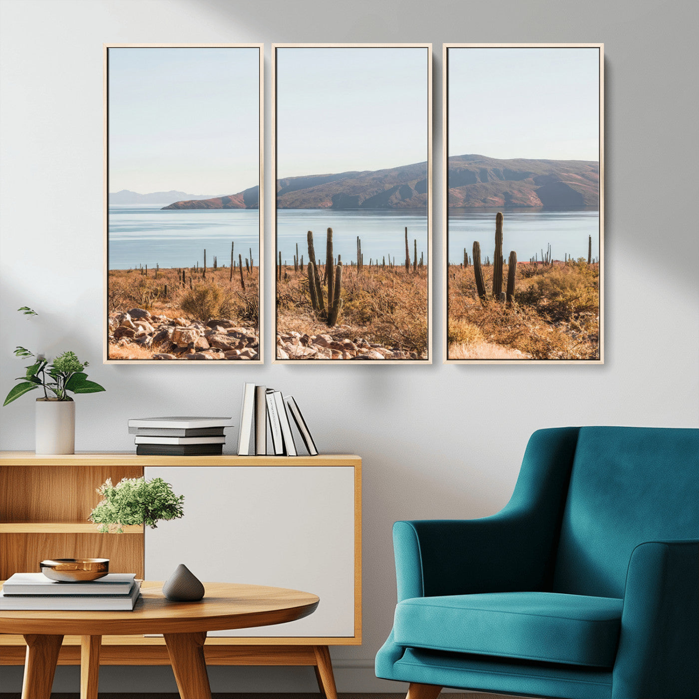 Warm desert landscape with cacti and coastal mountains, perfect for southwestern or earthy calm-themed home wall decor.