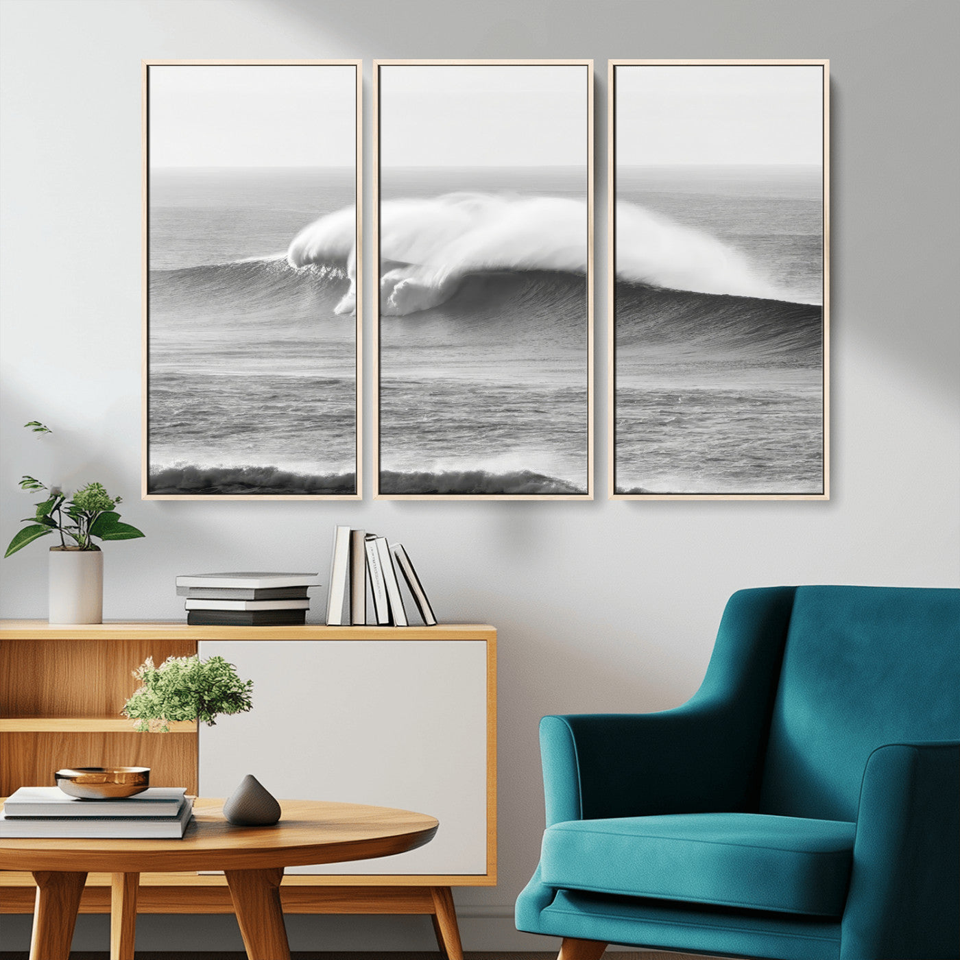 A dramatic black and white ocean wave crashing with immense force, capturing the raw power and movement of the sea in a bold seascape.