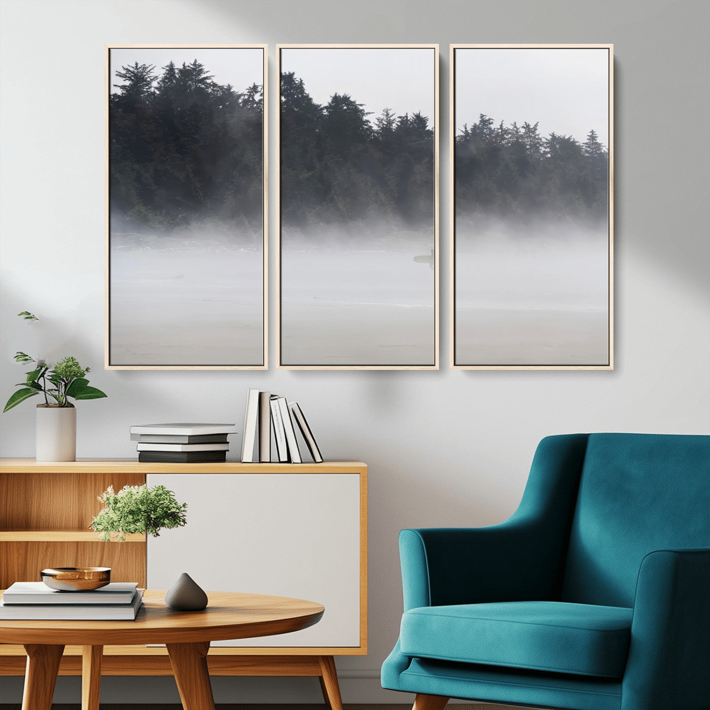 A lone surfer carrying a board through a misty shoreline, surrounded by dense trees and fog, creating a peaceful and mysterious coastal scene.