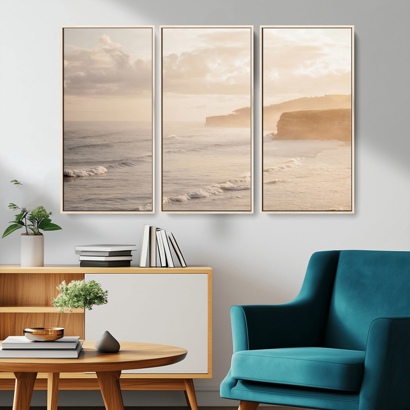 Golden hour seascape with misty cliffs and gentle waves rolling towards the shore, capturing a tranquil and warm coastal atmosphere.