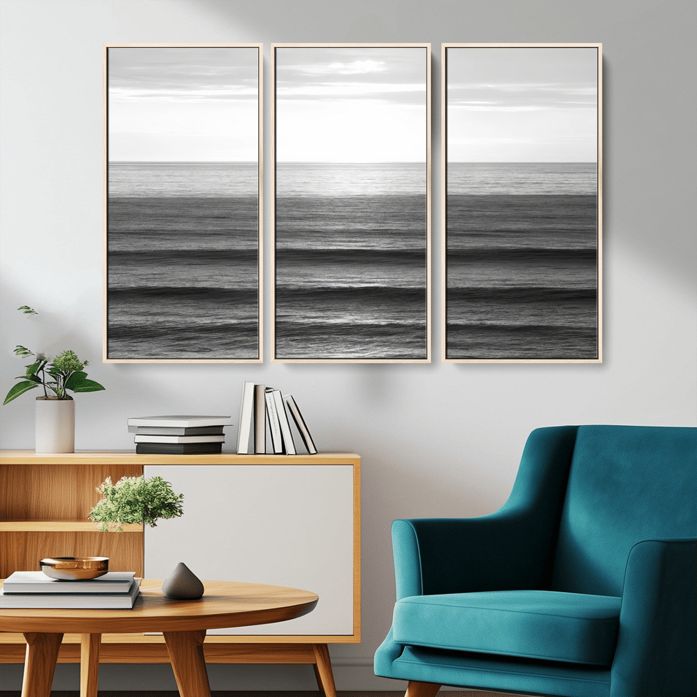 Minimalist black and white ocean view with layered waves reflecting sunlight, evoking a sense of calm and coastal serenity.