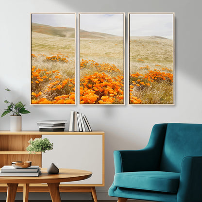 A golden field with vibrant orange poppies blooming across rolling hills under a soft, sunlit sky, creating a warm and rustic landscape.