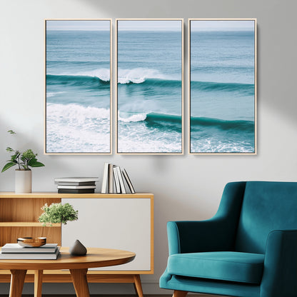 Powerful ocean waves rolling towards the shore, their turquoise hues blending with white sea foam under an open horizon, capturing the essence of the ocean's movement.