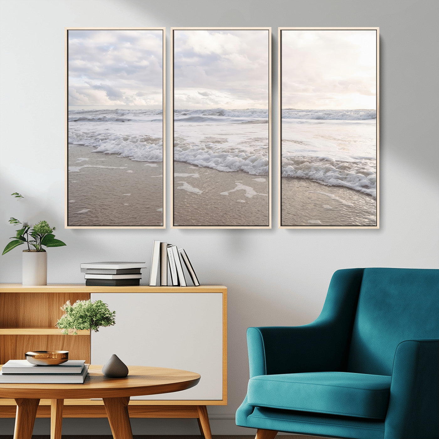 Peaceful ocean waves rolling onto the sandy shore under soft light, perfect for neutral or coastal minimalist decor themes.