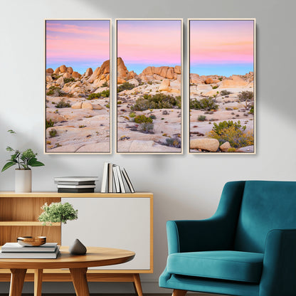 A breathtaking desert landscape featuring rugged rock formations under a vibrant pastel sunset sky, capturing the warmth and serenity of a Southwestern wilderness.