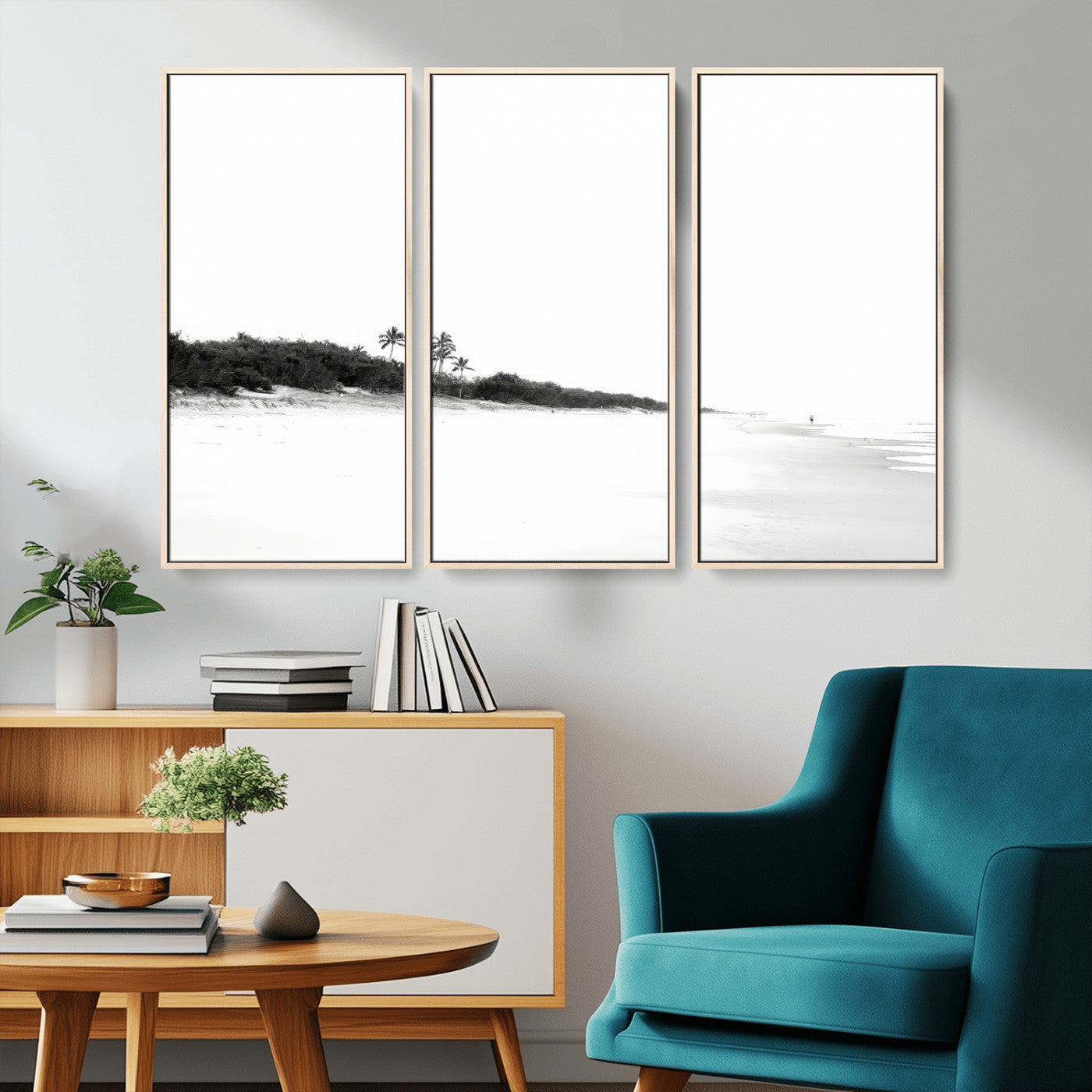 A black and white minimalist coastal scene with a vast open beach, distant palm trees, and a lone figure walking along the shoreline, evoking serenity and solitude.