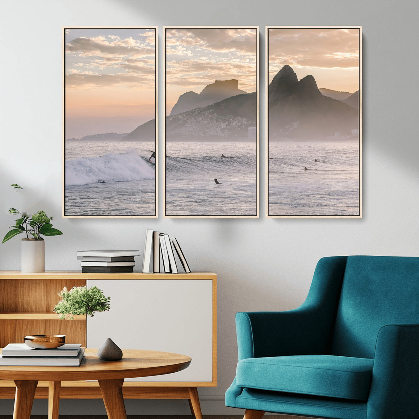 A surfer rides a golden hour wave near misty coastal mountains, surrounded by fellow surfers, capturing the spirit of a coastal adventure.