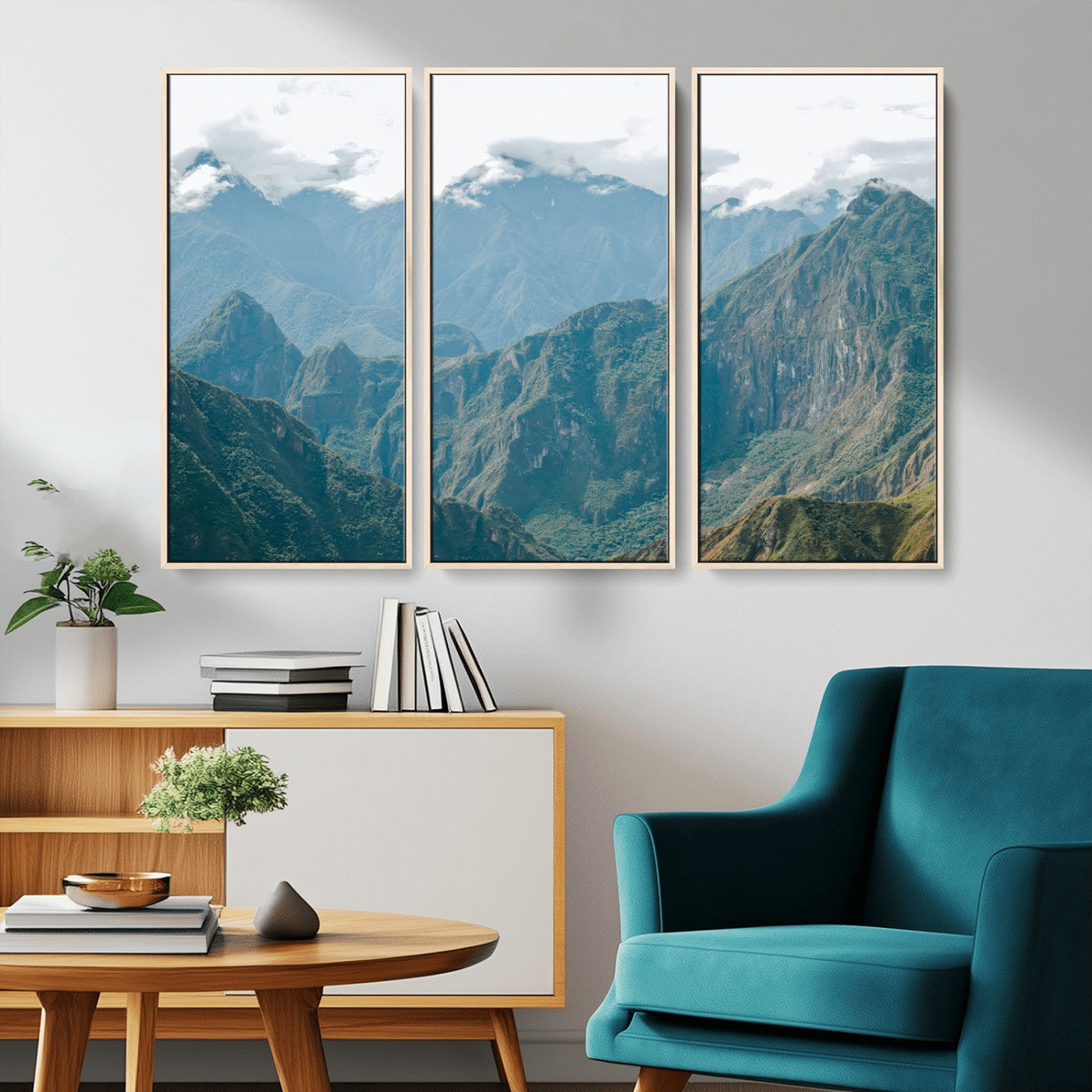 A misty mountain landscape with cloud-covered Andean peaks and lush green valleys, creating a dramatic and serene view, perfect for rustic or nature-inspired home decor.