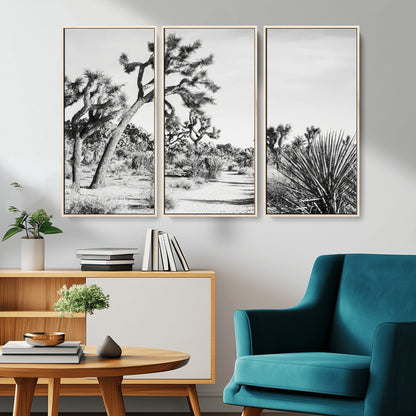 Canvas of a Joshua Tree forest in black and white tones, featuring a desert path and spiky vegetation, ideal for minimalist or rustic decor.