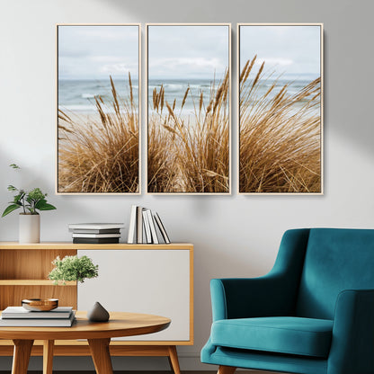 Canvas of golden beach grass swaying by the ocean under a soft cloudy sky, perfect for neutral-toned or coastal minimalist decor.