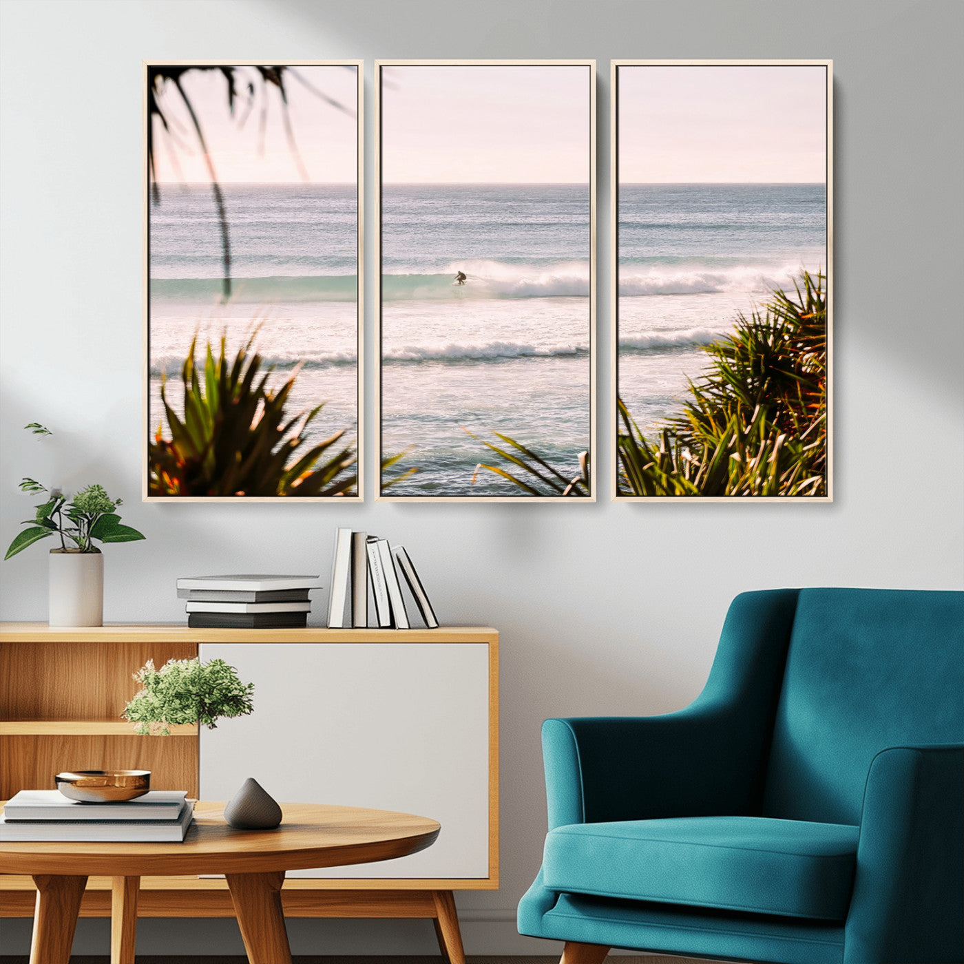 Canvas of a lone surfer riding a pastel wave at sunrise, perfect for tropical or coastal-themed spaces with a relaxed, airy vibe.
