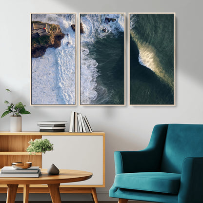Canvas showing an aerial view of crashing waves along the Nazaré coastline, perfect for dramatic coastal or ocean-themed home decor.