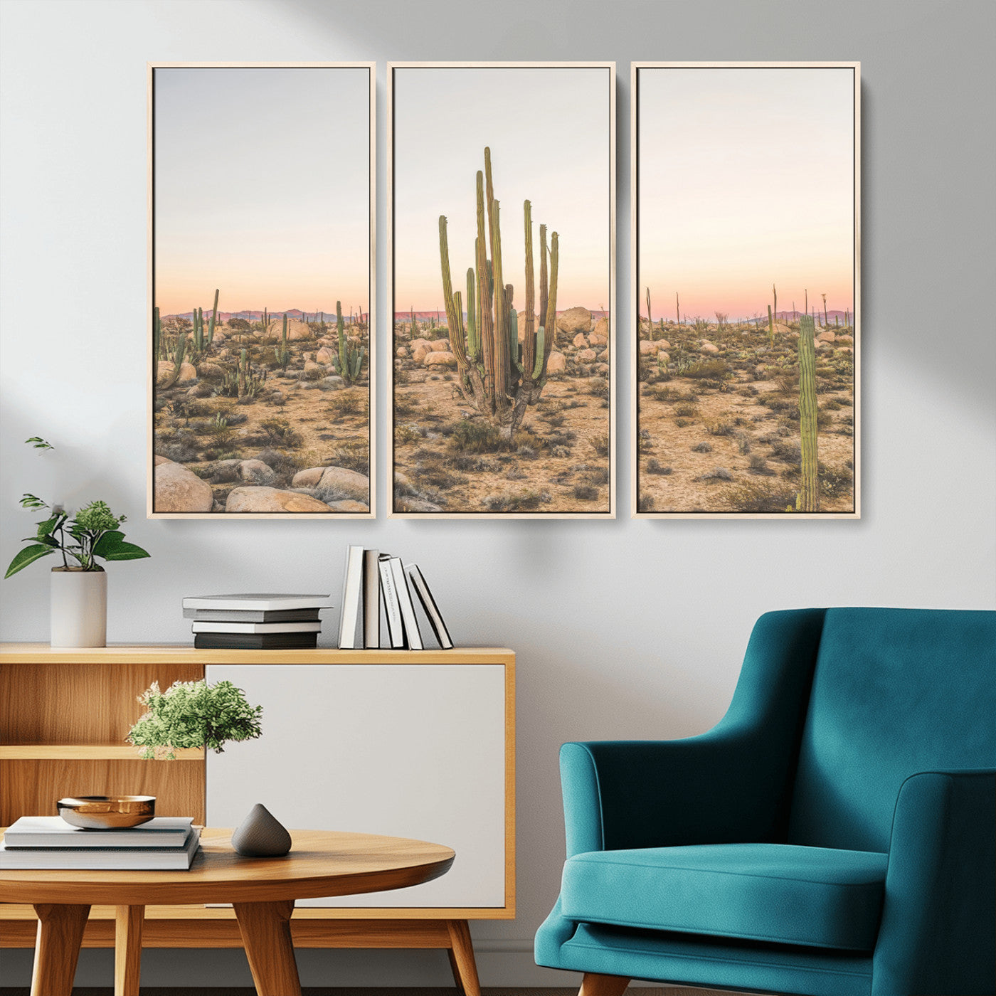 Canvas of tall desert cacti in warm sunset tones over a rocky Baja landscape, ideal for earthy or Southwestern-style home decor.